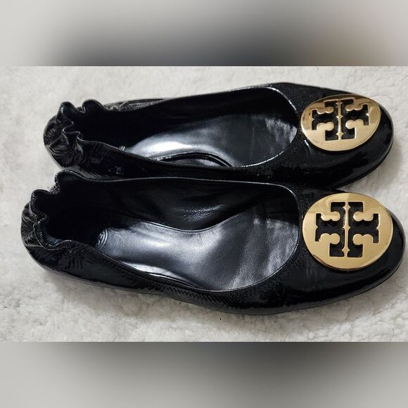 Tory Burch Reva Women's Patent Tumble Leather Ballet Flats Black/Gold US 8.5 - Picture 4 of 11